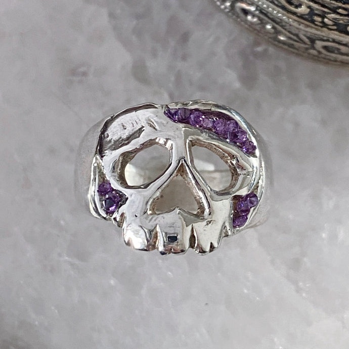 sterling silver and amethyst druzy skull ring