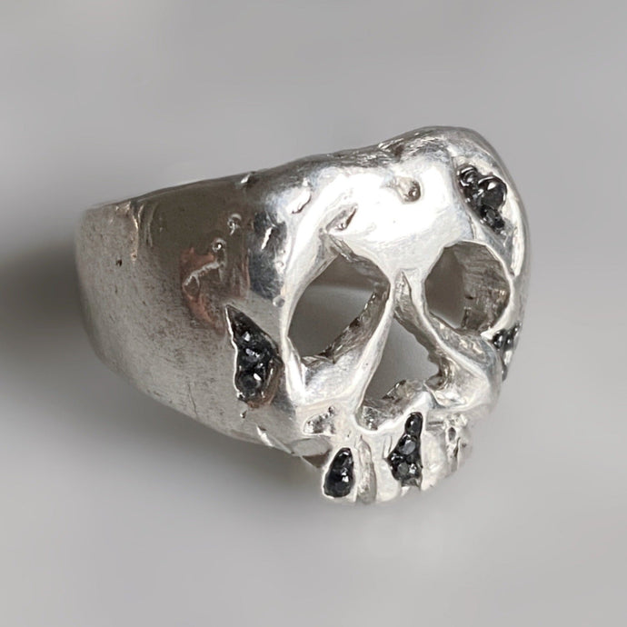 sterling silver druzy black diamond skull ring