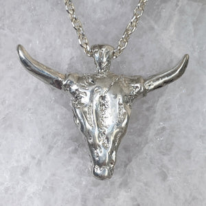 Sterling silver bull skull cow long horn necklace statement jewelry taurus sign necklace