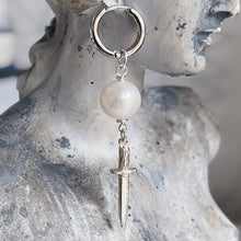Load image into Gallery viewer, White Round Freshwater Pearl and Sterling Silver Dagger Earring