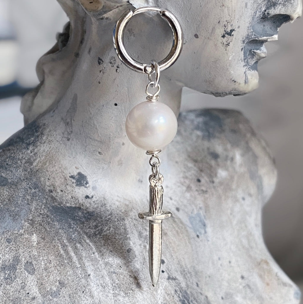White Round Freshwater Pearl and Sterling Silver Dagger Earring