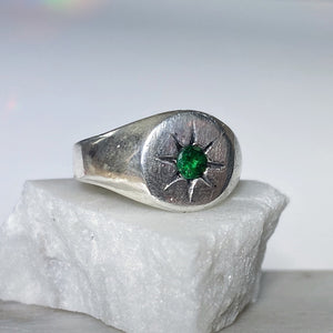 Green Garnet Starburst Signet Pinky Ring